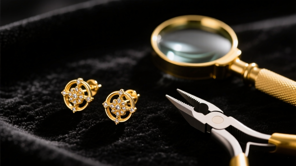 Close-up of gold stud earrings on dark velvet beside precision pliers and a loupe, illuminated by soft, warm studio lighting.