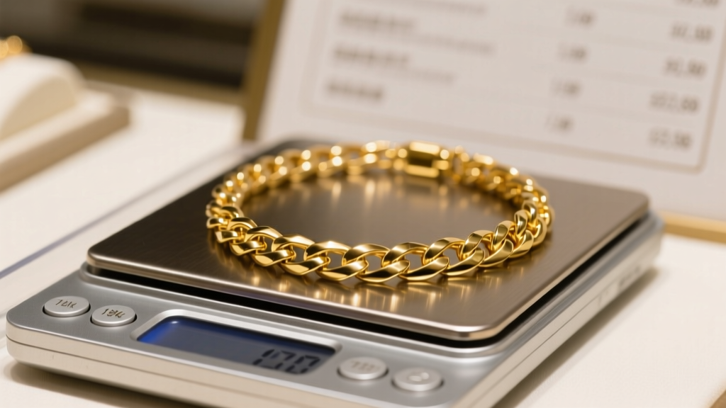 Digital scale weighing a solid 18k yellow gold Cuban necklace under soft lighting, blurred pricing chart in background.
