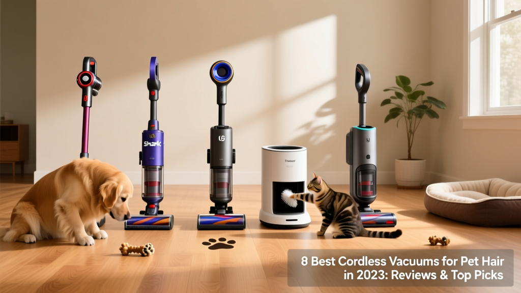 Side-by-side comparison of five cordless vacuums on a clean hardwood floor, with pets nearby