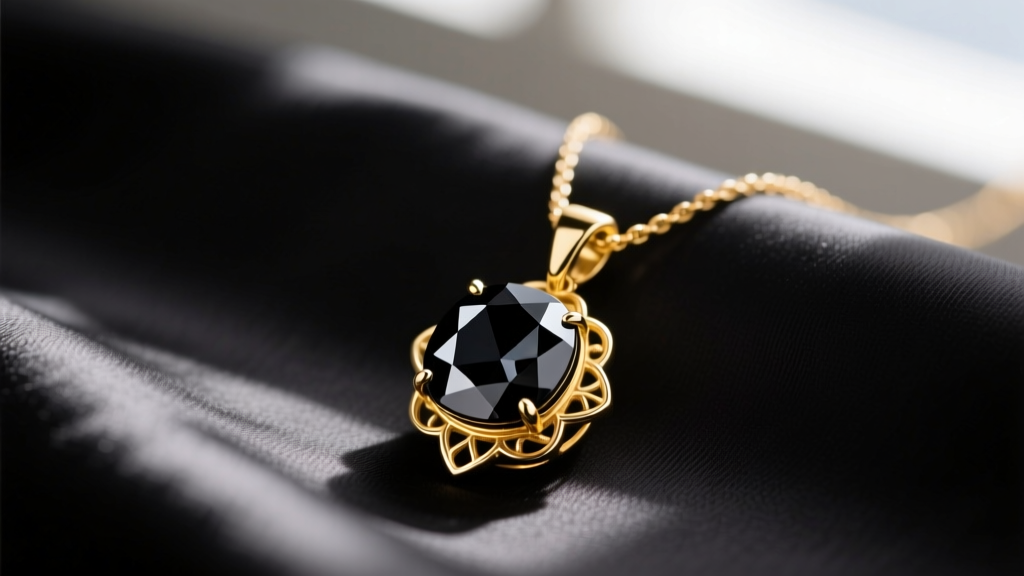 Close-up of an 18k yellow gold pendant necklace featuring a faceted black spinel gemstone, resting on dark silk fabric background.