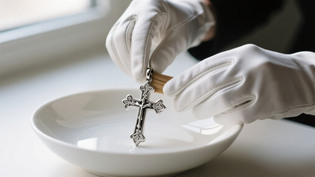 Gloved hands using a soft cloth to buff the polished edges of a thick silver cross pendant over a white ceramic bowl