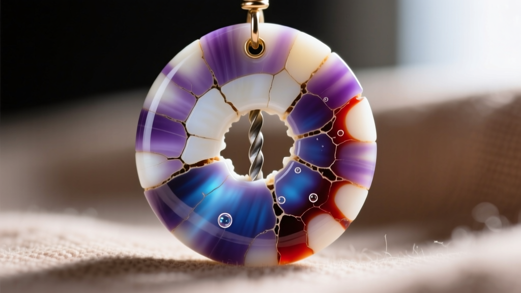 Macro photo of a wampum earring drill hole showing natural purple and white shell layers contrasting with dyed resin seepage