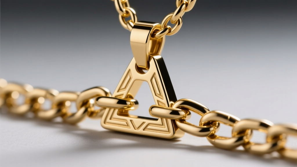 Macro shot of a 6mm 14k gold Cuban link chain threading through a reinforced triangular bail on a custom sports pendant.