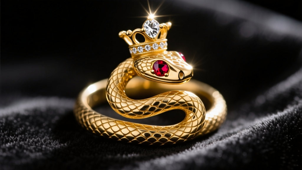Macro shot of an 18k yellow gold Victorian snake ring with ruby eyes and a diamond-set head resting on dark velvet.