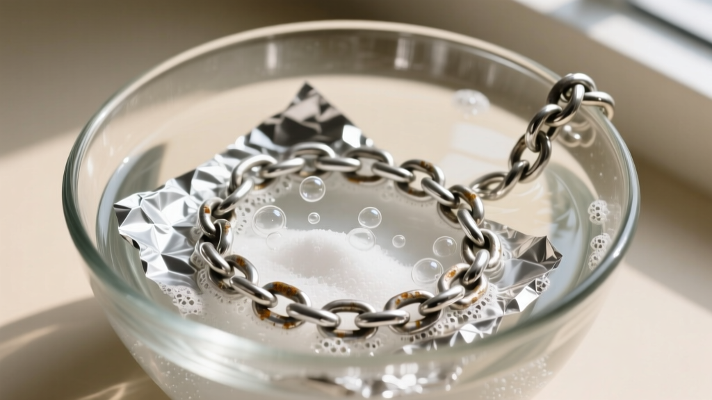 Top-down view of a tarnished 925 sterling silver Figaro chain submerged in a glass bowl with baking soda and aluminum foil bath.