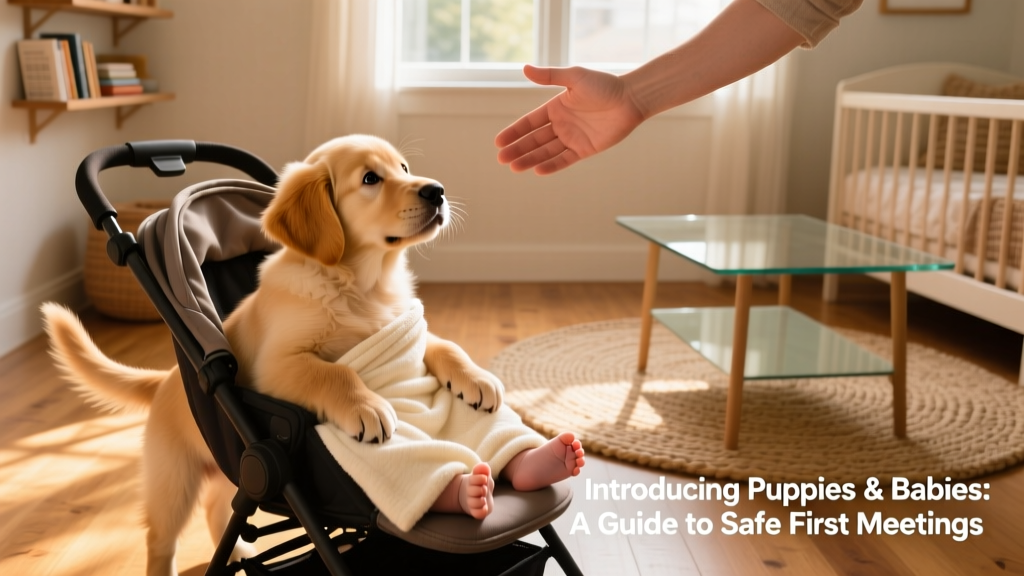 A calm, supervised first meeting between a gentle puppy and a seated baby, with a parent’s hand gently guiding both