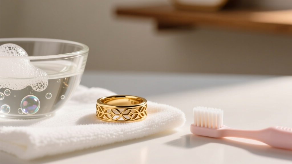 An 18k gold ring on a white microfiber cloth beside a glass bowl of soapy water and a soft infant toothbrush in warm light