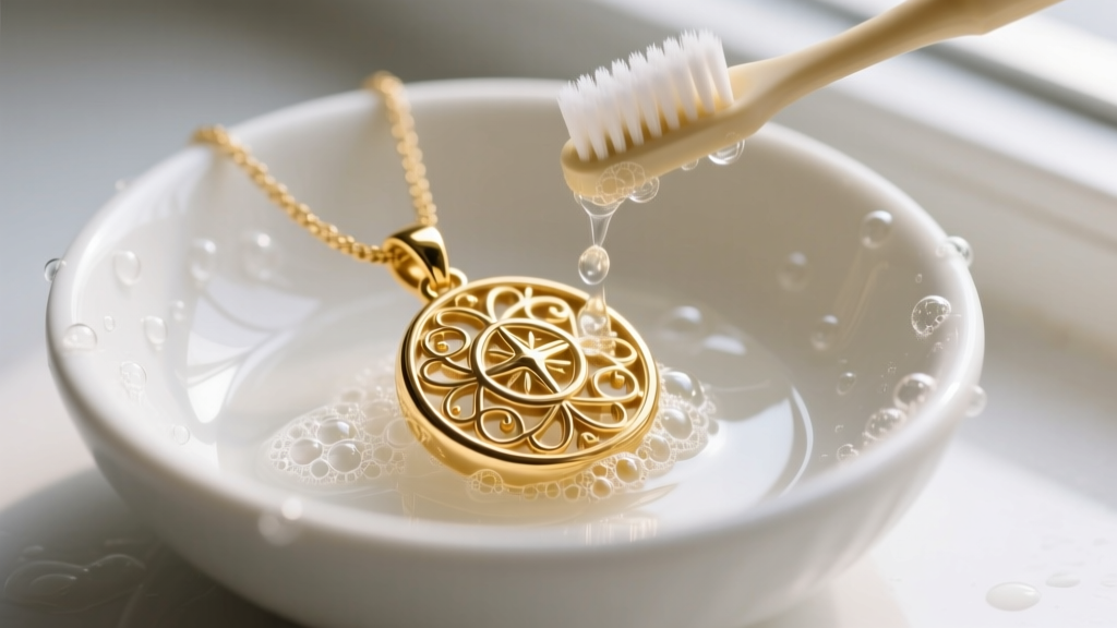 Close-up of a gold Mano Fico pendant gently scrubbed with a soft toothbrush and soapy water over a white ceramic bowl.