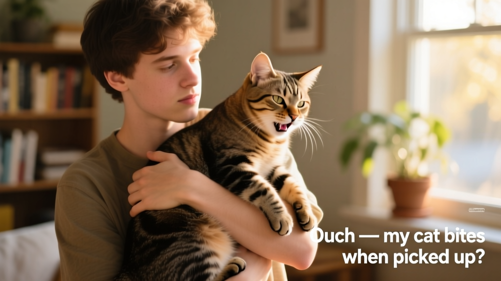 A person holding a cat securely with both hands—one supporting the front legs, the other cupping the hindquarters—close to the chest