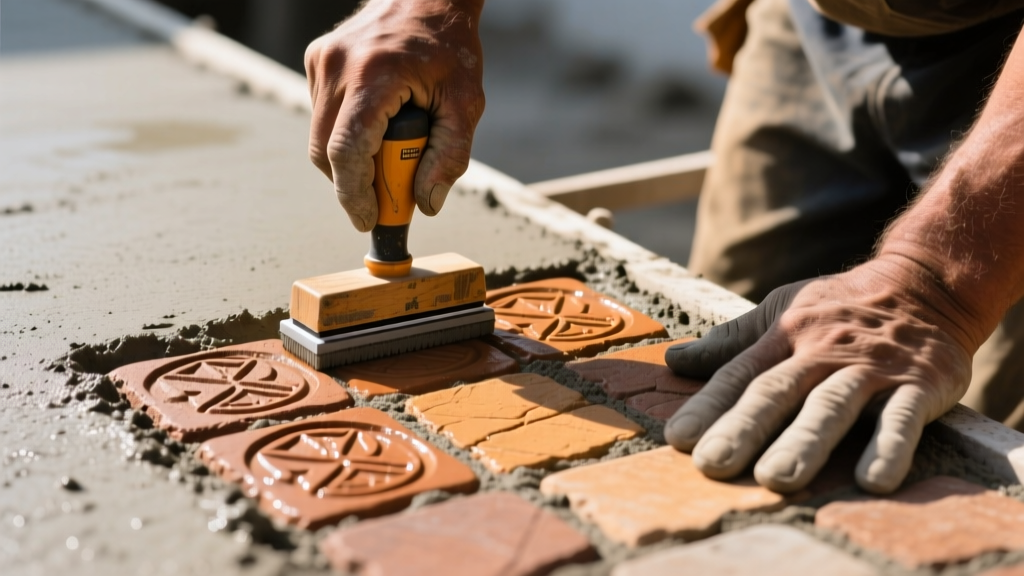Contractor stamping fresh concrete driveway with cobblestone mats, applying release agent to reveal warm earth tone patterns.