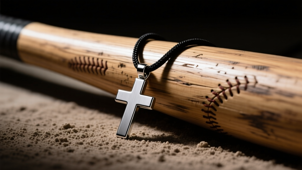A brushed titanium cross pendant with a black cord necklace resting on a wooden baseball bat, moody dugout lighting, high detail