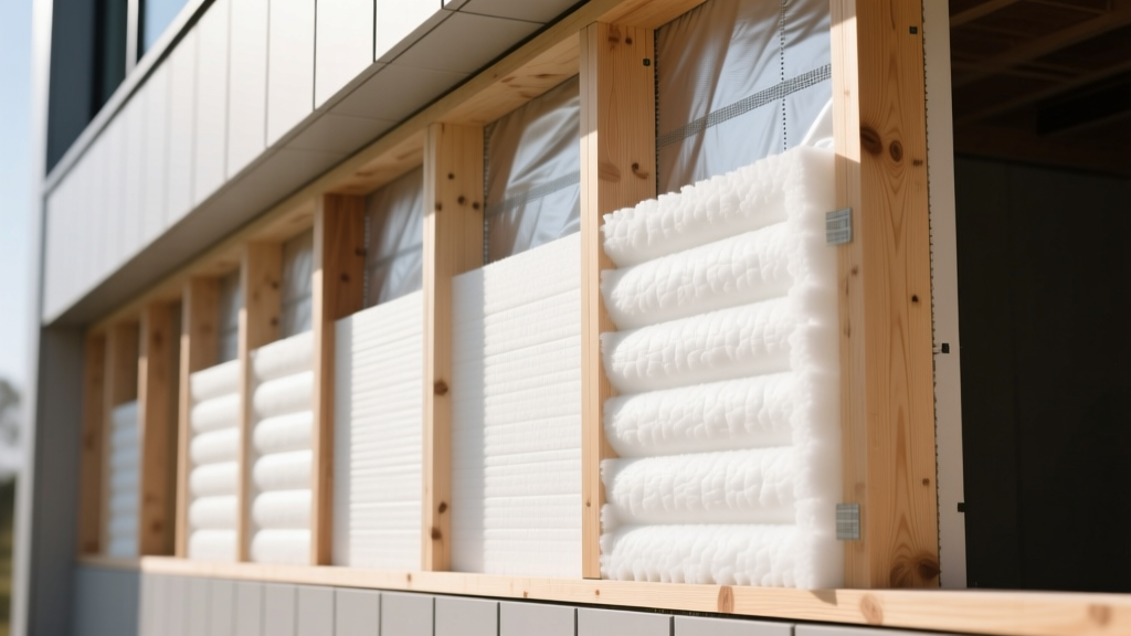 Cross-section of a modern wall assembly showing thick white expanded polystyrene insulation boards installed between wooden studs and exterior sheathing