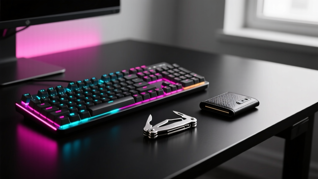 A sleek matte-black desk setup featuring a mechanical keyboard, a titanium multi-tool, and a smart wallet bathed in moody neon lighting.