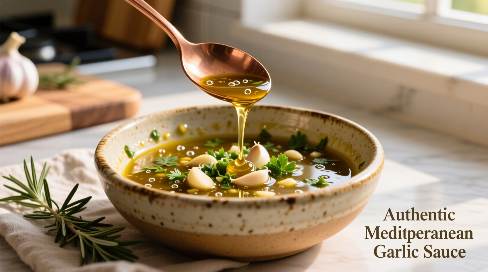 Homemade garlic Mediterranean sauce in ceramic bowl with olive oil drizzle