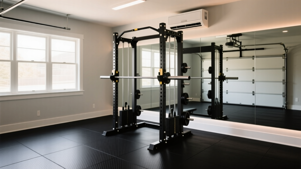 Converted garage home gym with black rubber flooring, mirrored walls, a power rack, and a wall-mounted mini-split HVAC unit.