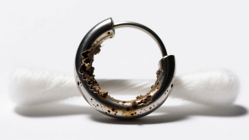 Close-up of an 18-gauge steel hoop earring on a swab, revealing skin buildup and oxidized metal under bright clinical lighting