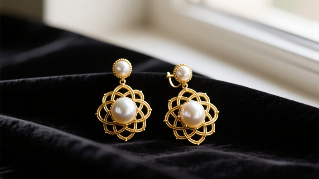 1950s Miriam Haskell vintage earrings with Russian gold wirework and baroque faux pearls resting elegantly on dark velvet fabric