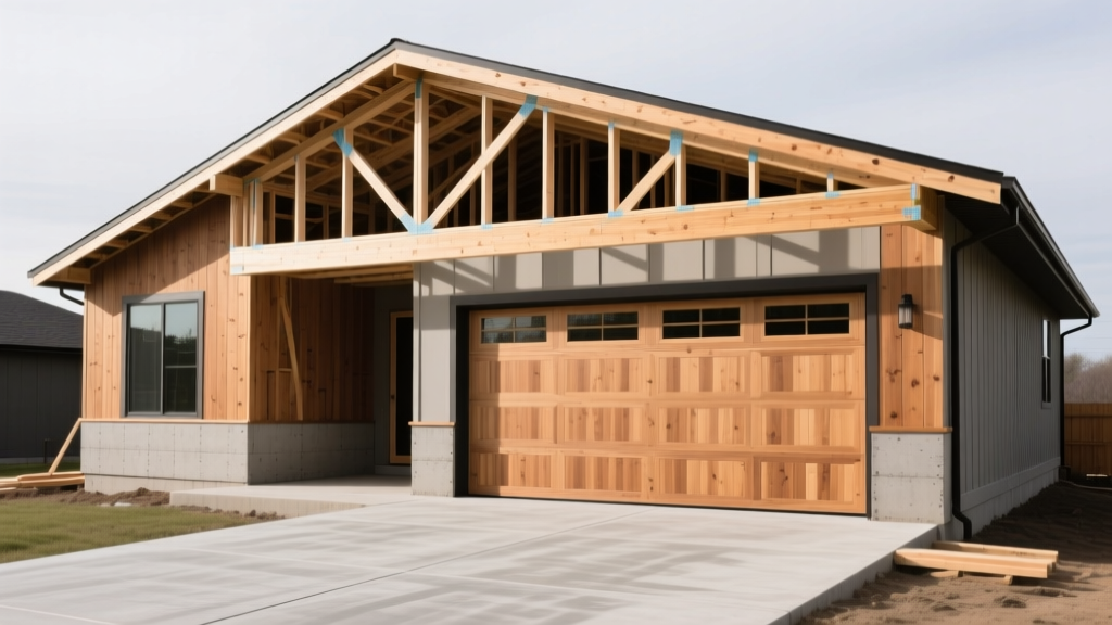 Modern detached two-car garage with cedar accents and stamped concrete driveway under construction with framing lumber visible
