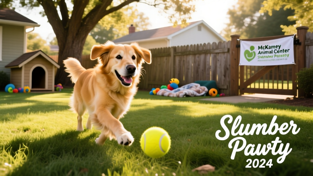A golden retriever mix happily playing with a tennis ball in a sunlit backyard