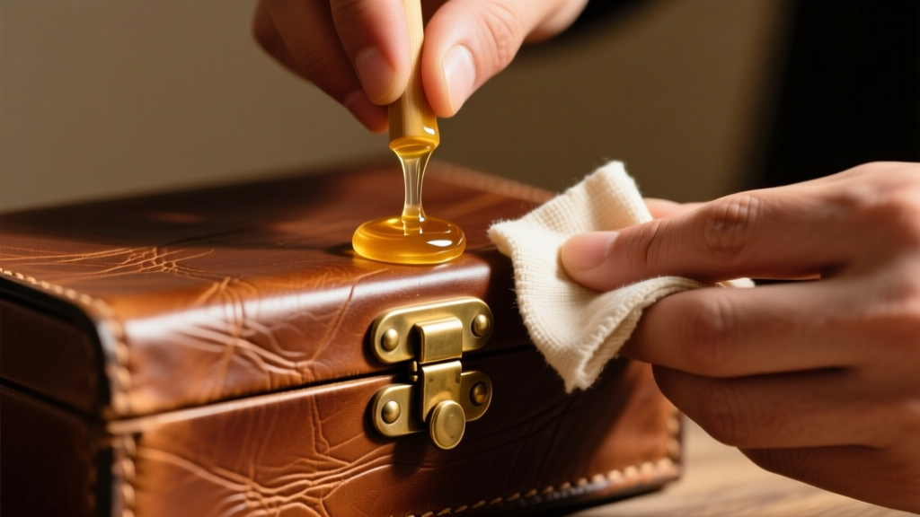 Hands applying clear wax to brass hinges of a vintage leather jewelry box using a soft cotton cloth under warm light