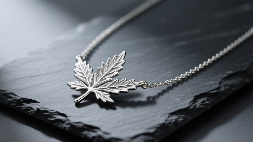 Detailed sterling silver weed leaf necklace resting on dark slate, illuminated by soft directional studio lighting to show texture.