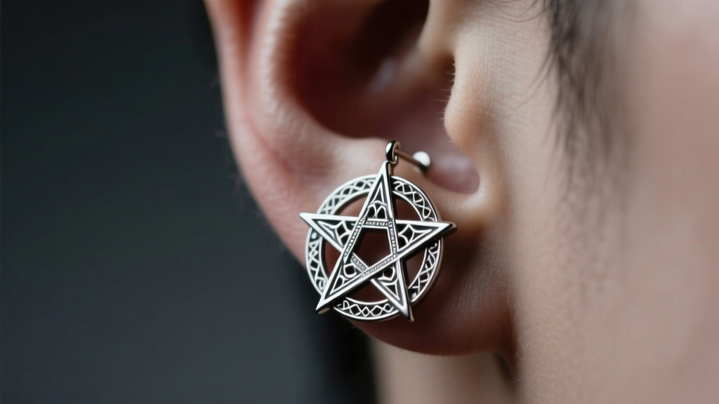 Close-up of a silver pentagram stud earring on a lobe, showing gothic metalwork against a moody, softly lit studio background