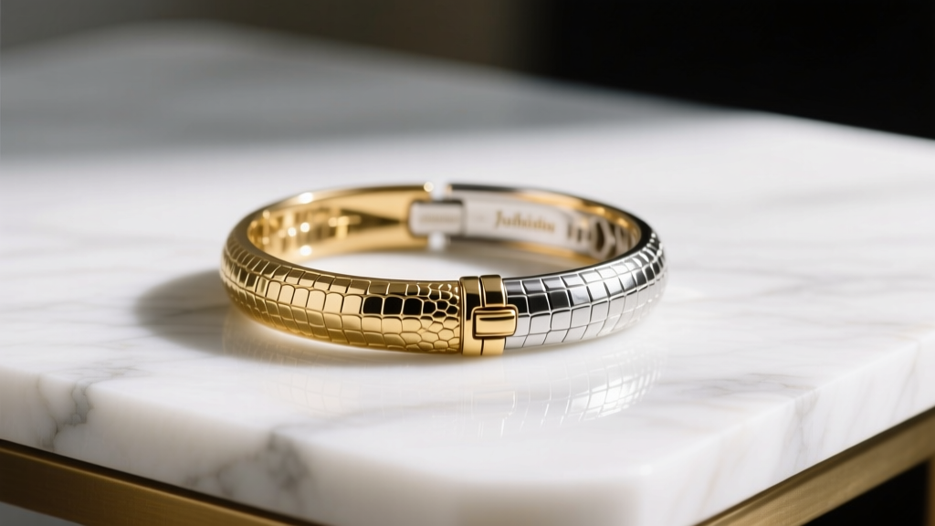 Wrist wearing a vintage Judith Ripka crocodile-textured gold and silver hinged bangle bracelet resting on a white marble tabletop.