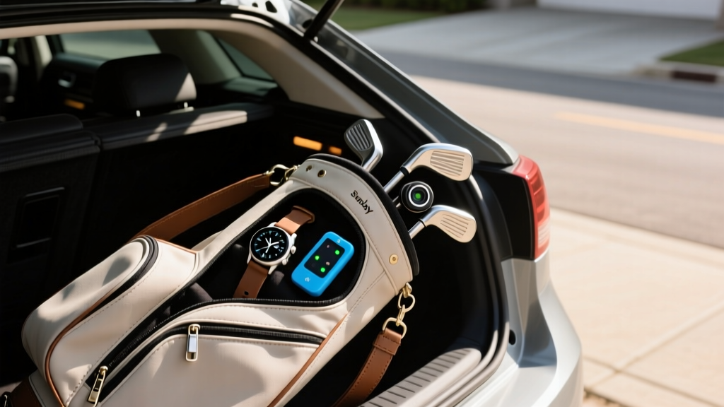 Minimalist Sunday golf bag on a car trunk revealing a compact GPS watch, pocket swing analyzer, and clip-on rangefinder.