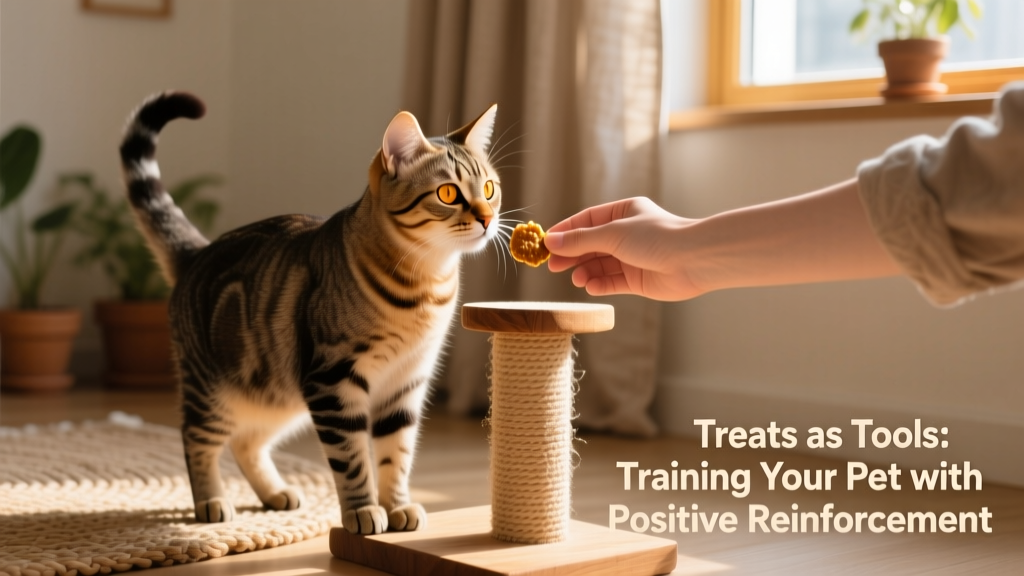 A cat receiving a small treat while standing beside a scratching post