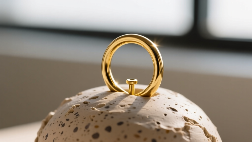 Macro shot of a 20-gauge gold jump ring embedded into raw speckled polymer clay, showing a 5mm insertion depth before baking