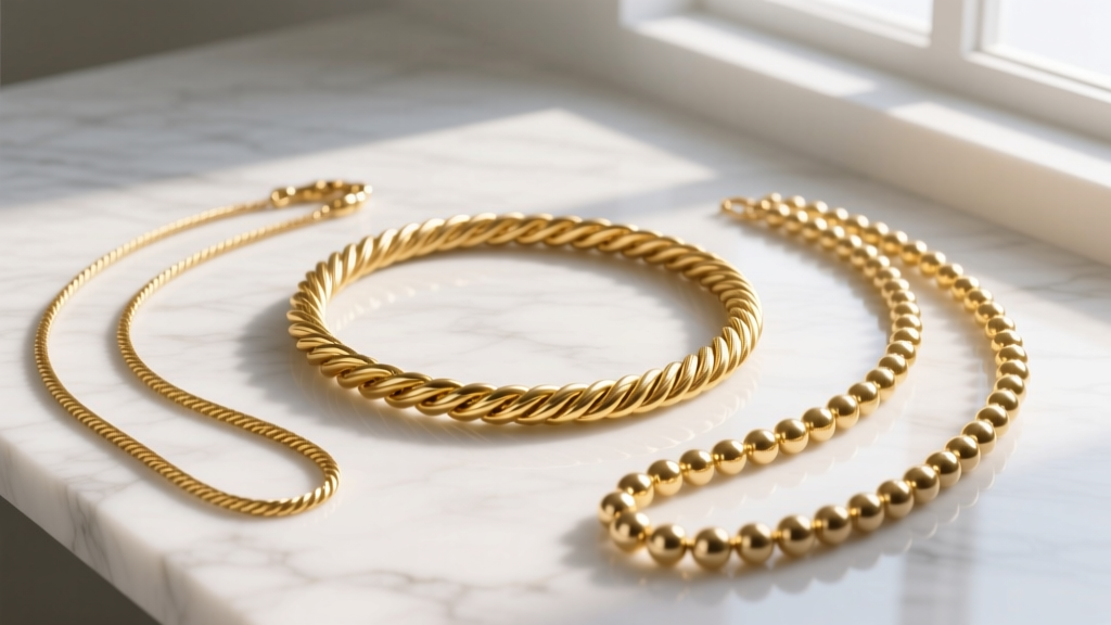 Flat lay of a 15-inch gold rope choker, an 18-inch cable chain, and a 22-inch bead chain arranged on white marble