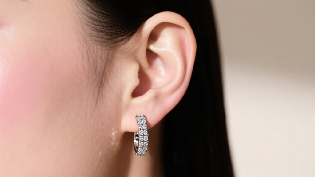 Side profile showing a curated ear with a 10mm diamond-encrusted huggies earring snugly fitted on the upper helix cartilage.