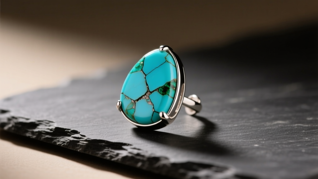A cracked natural turquoise slab earring in a sterling silver bezel resting on dark slate under soft, moody studio lighting