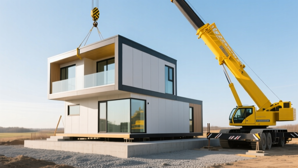 Modern two-story modular prefab house lowered by a yellow crane onto a concrete foundation during a clear morning set day