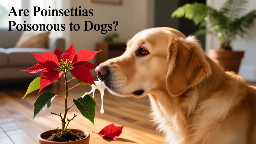 Close-up of a dog gently sniffing a poinsettia plant, with visible white sap on a broken stem
