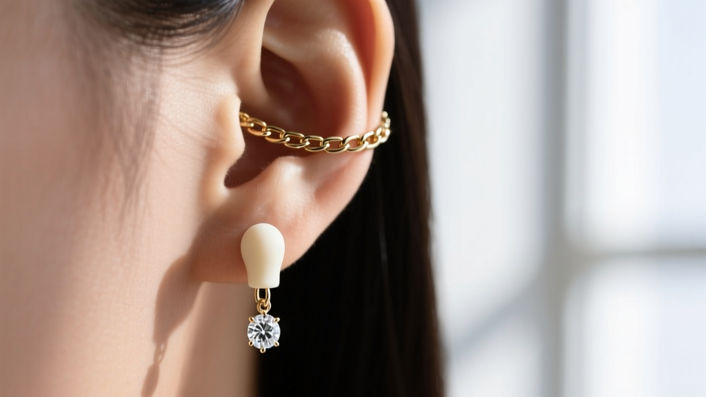 Macro shot of a 20-gauge white gold box chain passing through an earlobe, highlighting the silicone stopper and diamond drop.