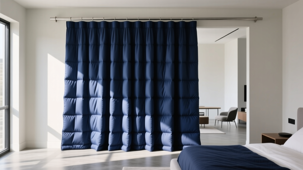 Thick multi-layered thermal insulated curtain fabric in navy hanging on a metal rod inside a modern sunlit master bedroom