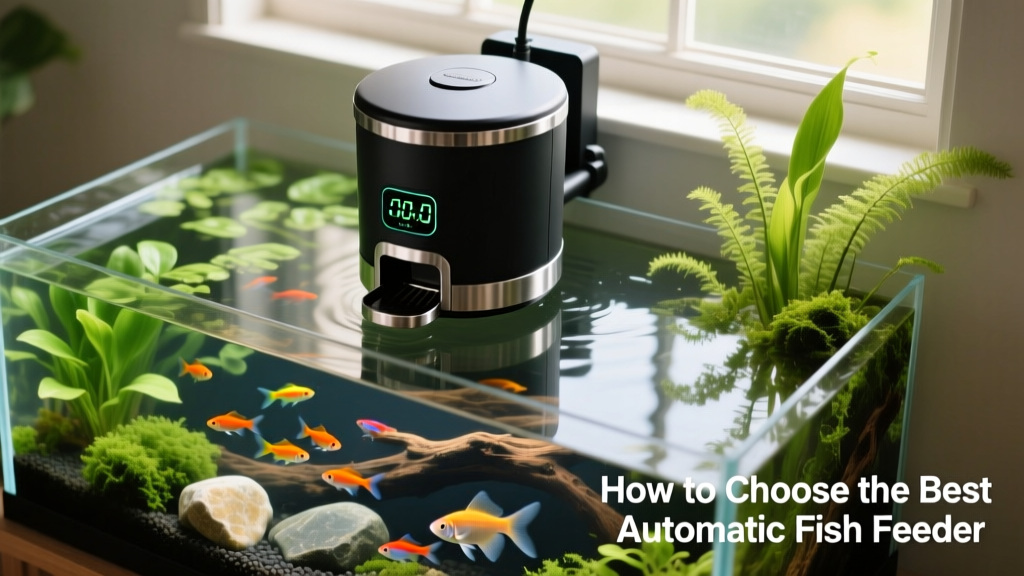 Overhead view of a sleek drum-style automatic feeder mounted above a well-planted freshwater aquarium