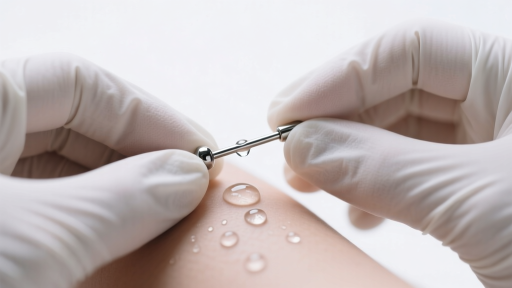 Close-up of gloved hands gently cleaning a fresh 16-gauge titanium helix piercing with sterile saline solution in a bright studio.