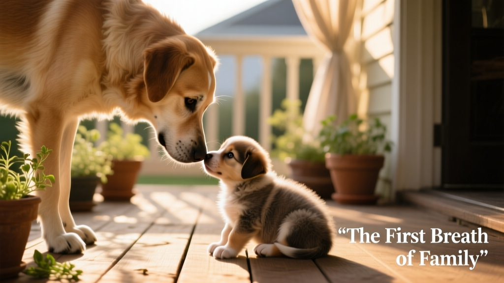 A gentle adult dog curiously sniffing a tiny, wide-eyed puppy for the first time