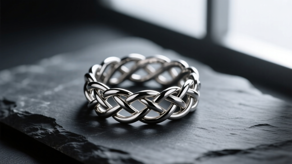 Macro shot of a woven chainmaille finger ring made of 18-gauge titanium jump rings on dark slate with dramatic lighting