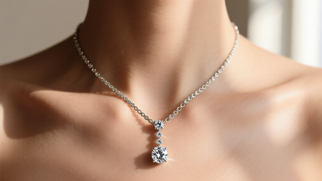 Close-up of a diamond lariat necklace on a collarbone, the vertical drop chain anchoring the piece securely against the bare skin