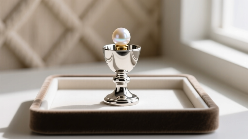 Silver pearl post cup, two-part epoxy, and a 9mm round Edison pearl component on a jeweler's bench, ready for adhesive setting.