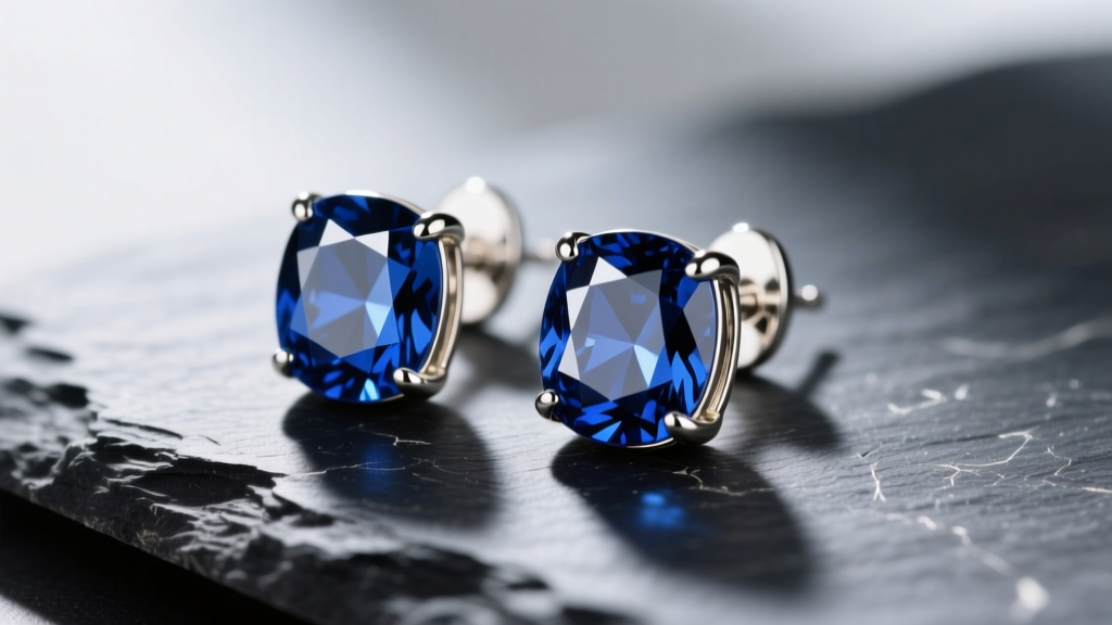 Macro shot of white gold and sapphire earrings on dark slate, highlighting the bright rhodium finish and deep blue gemstone facets