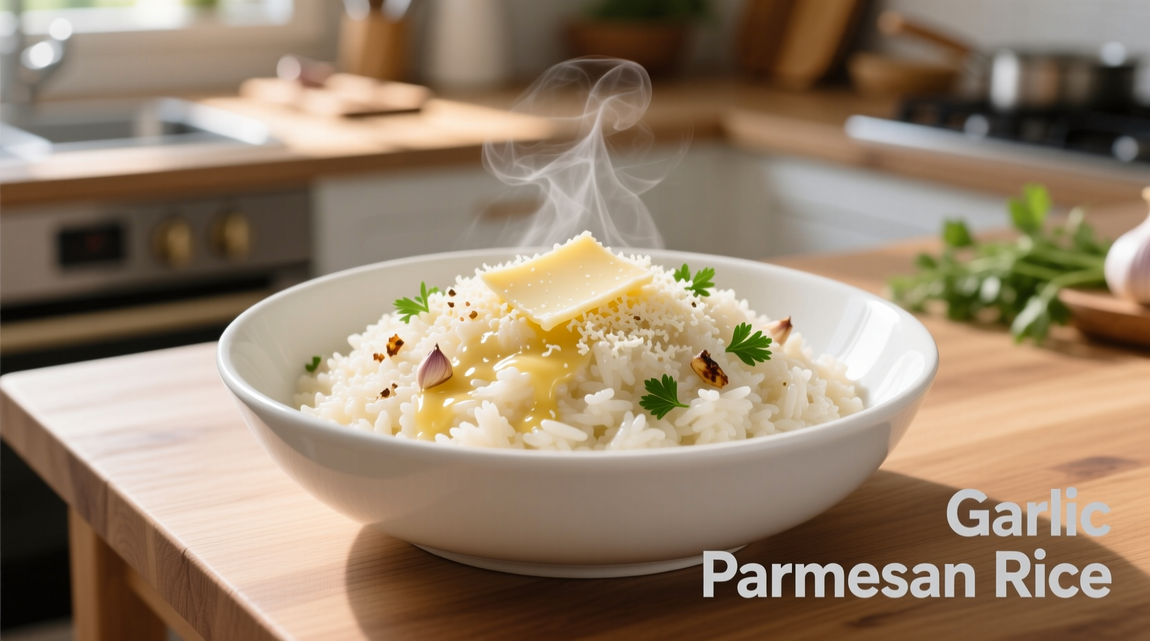 Creamy garlic parmesan rice in white bowl