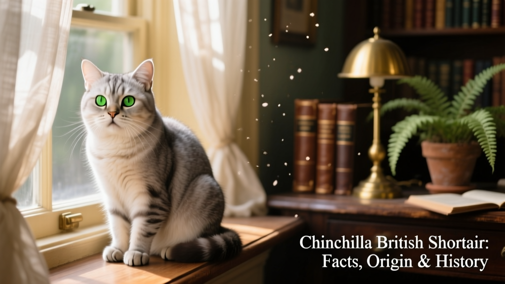 A Chinchilla British Shorthair sitting gracefully, highlighting its silvery-tipped coat and vivid green eyes