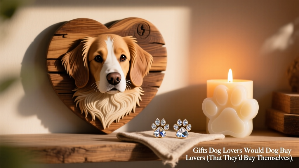 A rustic wooden wall plaque featuring a custom dog portrait, displayed beside a candle shaped like a paw print and a pair of crystal dog-paw earrings on a shelf