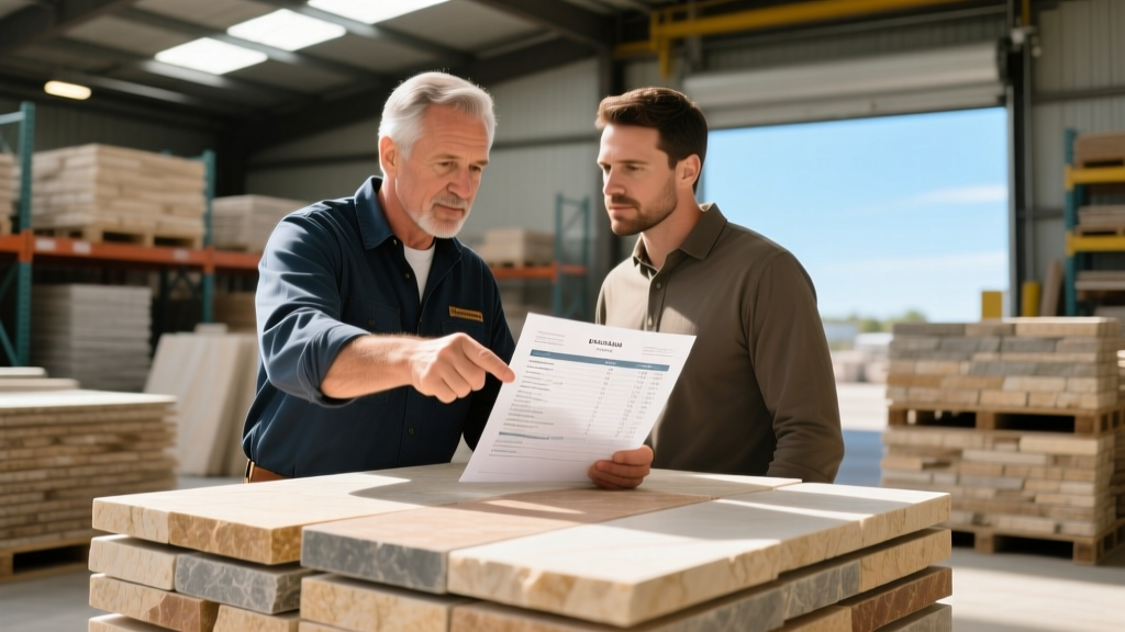 Close-up of a contractor reviewing a pricing quote with a customer at a local natural stone veneer yard featuring stacked ledger panels
