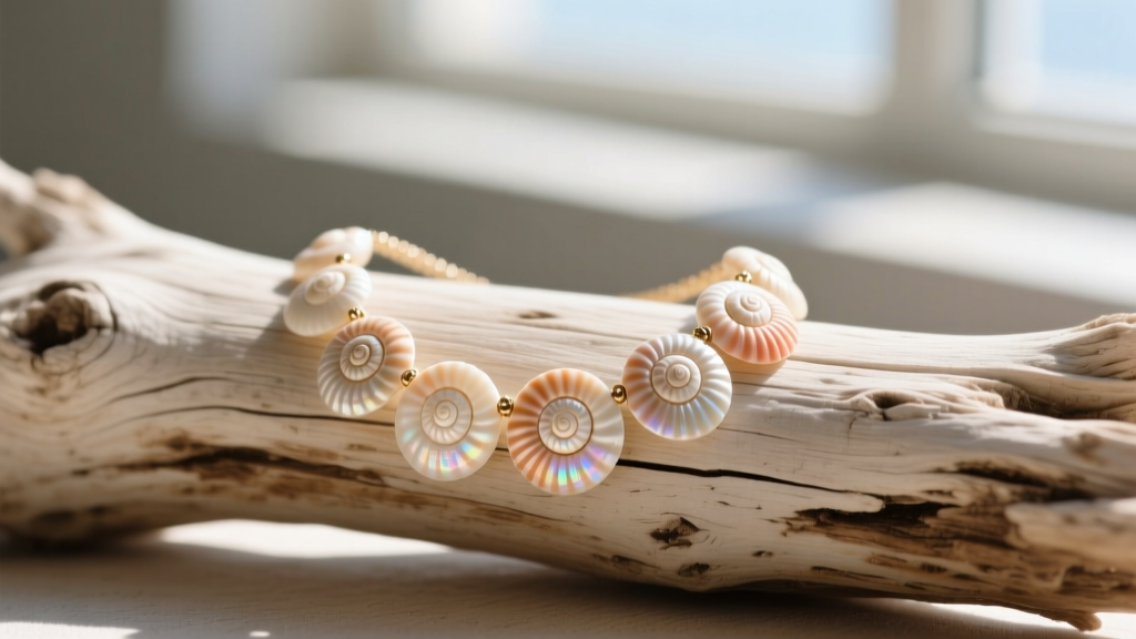 Close-up of a delicate mini shell necklace on sun-bleached driftwood, highlighting natural spiral patterns of authentic puka shells.
