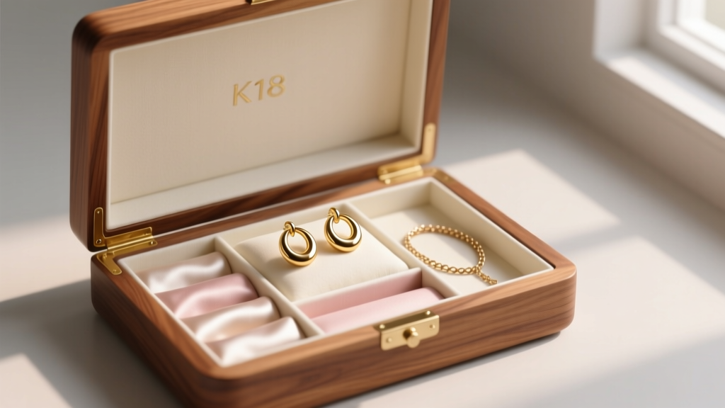 Open cedar wood jewelry box with separate silk-lined compartments holding K18 gold hoop earrings and a delicate chain bracelet.